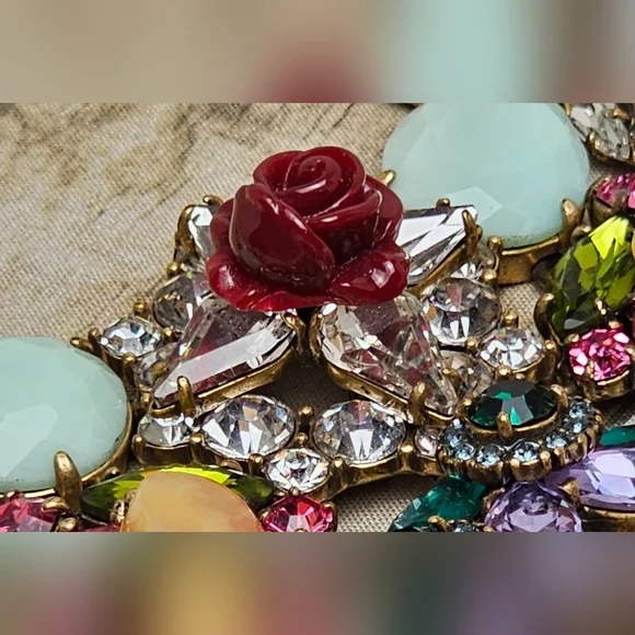 [J. CREW] Rare Vintage Multi Color Crystal Bib Statement Necklace □■ Rose Accent - Picture 11 of 16